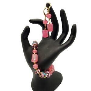 Pink Glass Bracelet & Earrings Set Cloisonné Accents Stretch Beaded Jewelry